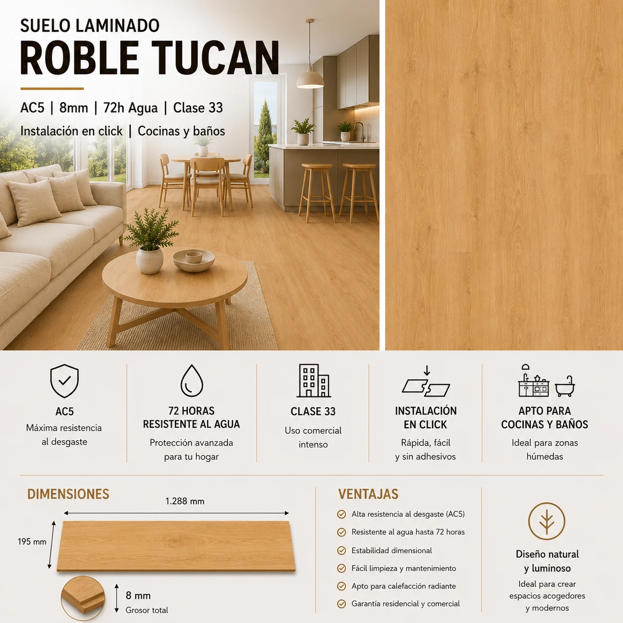 Suelo Laminado Roble Tucán | Tarima Flotante AC5 | 8mm | Resistencia Agua